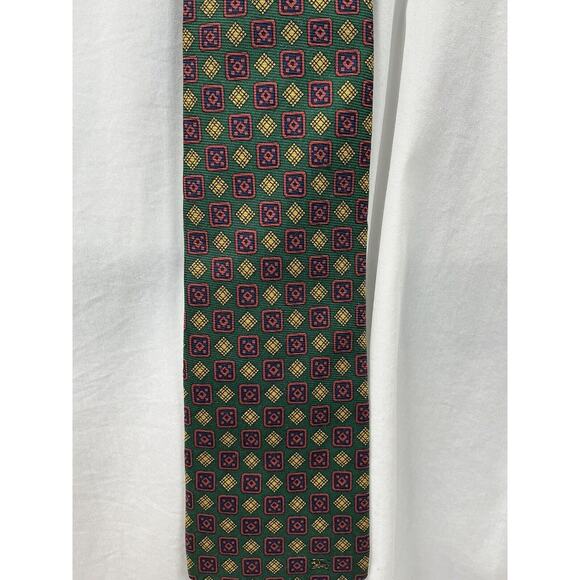 Vintage Burberrys Of London Tie Silk Green Red Gold‎ Geometric Print - Picture 2 of 7